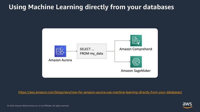 © 2020, Amazon Web Services, Inc. or its Affiliates. All rights reserved.
Using Machine Learning directly from your databases
`
https://aws.amazon.com/blogs/aws/new-for-amazon-aurora-use-machine-learning-directly-from-your-databases/
