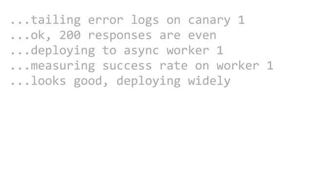 CAROUSEL ADS
ADS
...tailing	  error	  logs	  on	  canary	  1	  
...ok,	  200	  responses	  are	  even	  
...deploying	  to	  async	  worker	  1	  
...measuring	  success	  rate	  on	  worker	  1	  
...looks	  good,	  deploying	  widely
