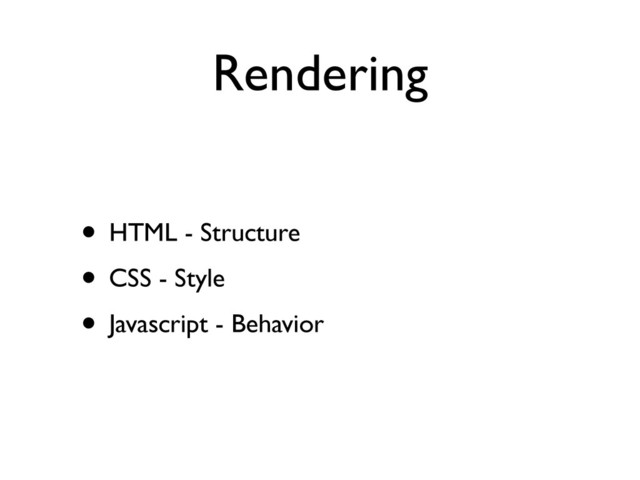 Rendering
• HTML - Structure	

• CSS - Style	

• Javascript - Behavior
