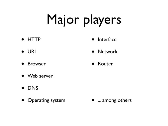 Major players
• HTTP	

• URI	

• Browser	

• Web server	

• DNS	

• Operating system	

• Interface	

• Network	

• Router	

!
!
• ... among others
