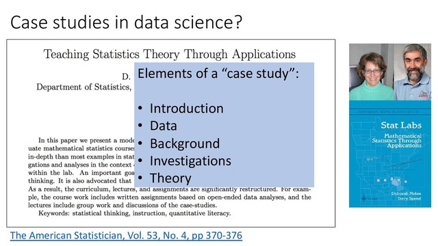 Case studies in data science?
The American Statistician, Vol. 53, No. 4, pp 370-376
Elements of a “case study”:
• Introduction
• Data
• Background
• Investigations
• Theory
