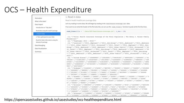 OCS – Health Expenditure
https://opencasestudies.github.io/casestudies/ocs-healthexpenditure.html
