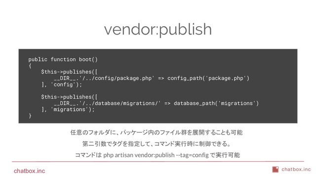 chatbox.inc
vendor:publish
public function boot()
{
$this->publishes([
__DIR__.'/../config/package.php' => config_path('package.php')
], 'config');
$this->publishes([
__DIR__.'/../database/migrations/' => database_path('migrations')
], 'migrations');
}
任意のフォルダに、パッケージ内のファイル群を展開することも可能
第二引数でタグを指定して、コマンド実行時に制御できる。
コマンドは php artisan vendor:publish --tag=config で実行可能
