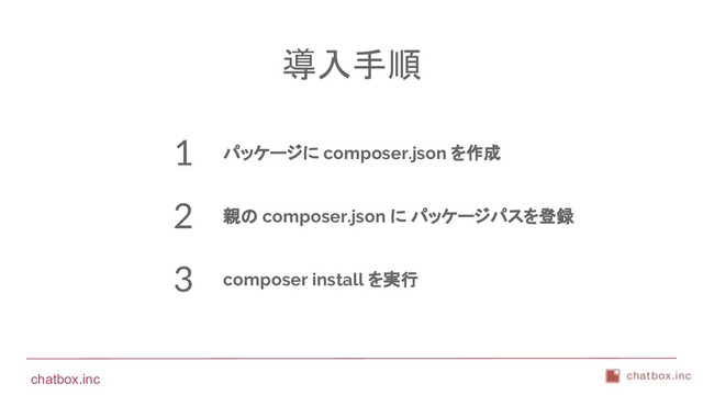 chatbox.inc
導入手順
composer install を実行
1
2
3
親の composer.json に パッケージパスを登録
パッケージに composer.json を作成
