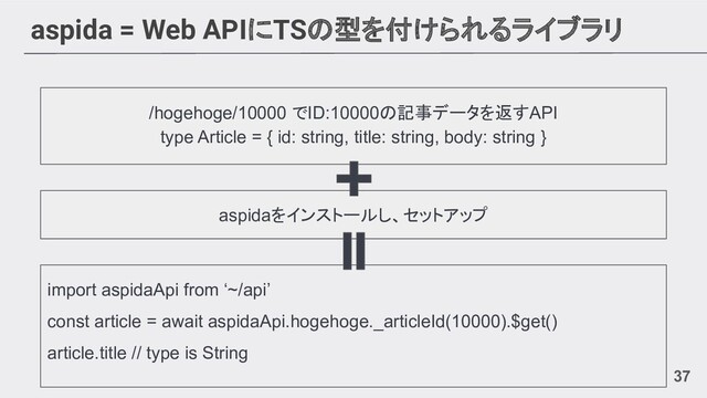 aspida = Web APIにTSの型を付けられるライブラリ
37
/hogehoge/10000 でID:10000の記事データを返すAPI
type Article = { id: string, title: string, body: string }
aspidaをインストールし、セットアップ
import aspidaApi from ‘~/api’
const article = await aspidaApi.hogehoge._articleId(10000).$get()
article.title // type is String
