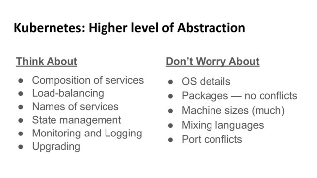 Kubernetes: Higher level of Abstraction
Don’t Worry About
● OS details
● Packages — no conflicts
● Machine sizes (much)
● Mixing languages
● Port conflicts
Think About
● Composition of services
● Load-balancing
● Names of services
● State management
● Monitoring and Logging
● Upgrading
