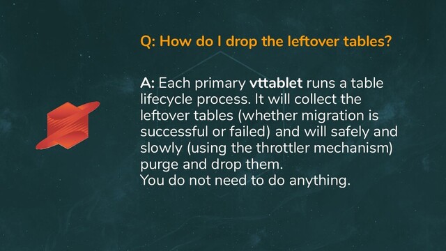Q: How do I drop the leftover tables?
A: Each primary vttablet runs a table
lifecycle process. It will collect the
leftover tables (whether migration is
successful or failed) and will safely and
slowly (using the throttler mechanism)
purge and drop them.
You do not need to do anything.
