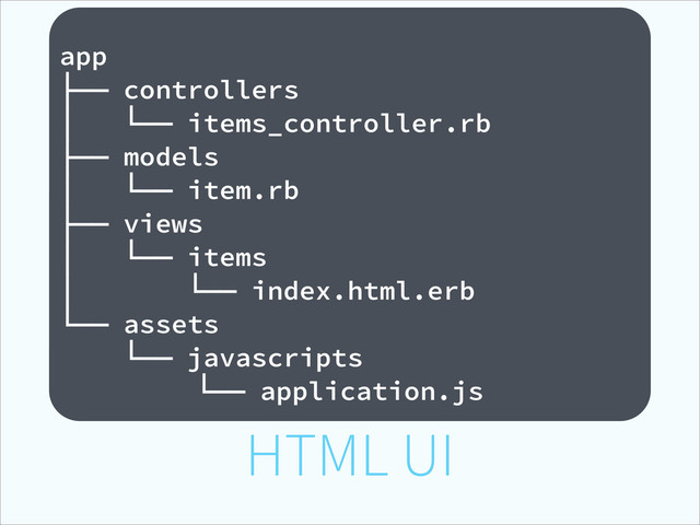 HTML UI
!
app
├── controllers
│ └── items_controller.rb
├── models
│ └── item.rb
├── views
│ └── items
│ └── index.html.erb
└── assets
└── javascripts
└── application.js
