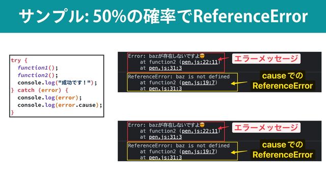 αϯϓϧͷ֬཰Ͱ3FGFSFODF&SSPS
try {


function1();


function2();


console.log("成功です！");


} catch (error) {


console.log(error);


console.log(error.cause);


}
