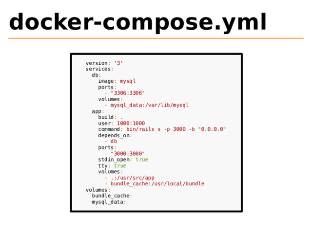 docker-compose.yml
version: '3'
services:
db:
image: mysql
ports:
- "3306:3306"
volumes:
- mysql_data:/var/lib/mysql
app:
build: .
user: 1000:1000
command: bin/rails s -p 3000 -b "0.0.0.0"
depends_on:
- db
ports:
- "3000:3000"
stdin_open: true
tty: true
volumes:
- .:/usr/src/app
- bundle_cache:/usr/local/bundle
volumes:
bundle_cache:
mysql_data:
