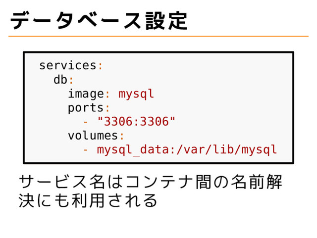 データベース設定
services:
db:
image: mysql
ports:
- "3306:3306"
volumes:
- mysql_data:/var/lib/mysql
サービス名はコンテナ間の名前解
決にも利用される
