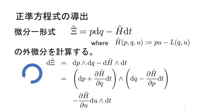 正準方程式の導出
α→0 α ∂Sα
α→0 α Sα
∂Sα
ͱ Sα
͸ɼ(p, q, u, t) ্ۭؒͷ޲͖෇
ۂઢͱͦΕʹғ·Εͨ໘ੵͰ͋ΔɽϓϨ
τχΞϯΛ
˜
H(p, q, u) := pu − L(q, u)
ͱ͢Ε͹ɼ˜
Ξ = pdq − ˜
Hdt ͱͳΓɼ
d˜
Ξ = dp ∧ dq − d ˜
H ∧ dt
= dp +
∂ ˜
H
∂q
dt ∧ dq −
∂ ˜
H
∂p
−
∂ ˜
H
du ∧ dt
˜
H(p, q, u) := pu − L(q, u) (
ͱ͢Ε͹ɼ˜
Ξ = pdq − ˜
Hdt ͱͳΓɼ
d˜
Ξ = dp ∧ dq − d ˜
H ∧ dt
= dp +
∂ ˜
H
∂q
dt ∧ dq −
∂ ˜
H
∂p
dt
−
∂ ˜
H
∂u
du ∧ dt (
∂Sα
ͱ Sα
͸ɼ(p, q, u, t) ্ۭؒͷ޲͖෇͖ͷด
ۂઢͱͦΕʹғ·Εͨ໘ੵͰ͋ΔɽϓϨϋϛϧ
τχΞϯΛ
˜
H(p, q, u) := pu − L(q, u) (4)
ͱ͢Ε͹ɼ˜
Ξ = pdq − ˜
Hdt ͱͳΓɼ
d˜
Ξ = dp ∧ dq − d ˜
H ∧ dt
= dp +
∂ ˜
H
∂q
dt ∧ dq −
∂ ˜
H
∂p
dt
−
∂ ˜
H
∂u
du ∧ dt (5)
ଶྔ
ͱͳ
ະఆ
0=
ࣜ (
ͳΔ
where
微分一形式
の外微分を計算する。
7
