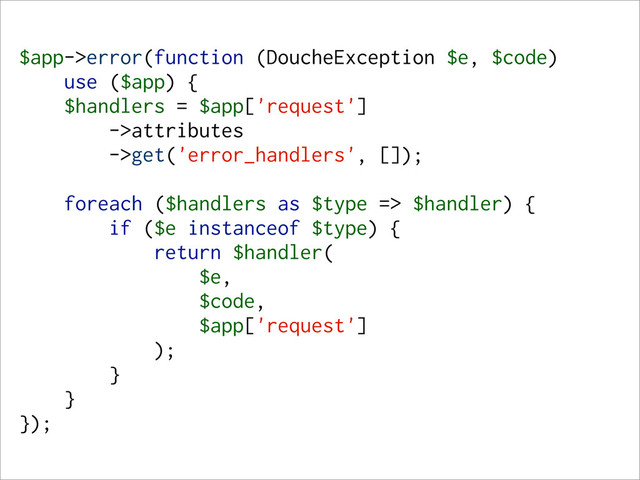 $app->error(function (DoucheException $e, $code)
use ($app) {
$handlers = $app['request']
->attributes
->get('error_handlers', []);
foreach ($handlers as $type => $handler) {
if ($e instanceof $type) {
return $handler(
$e,
$code,
$app['request']
);
}
}
});
