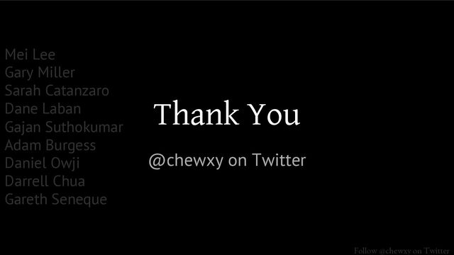 Follow @chewxy on Twitter
@chewxy on Twitter
Thank You
Mei Lee
Gary Miller
Sarah Catanzaro
Dane Laban
Gajan Suthokumar
Adam Burgess
Daniel Owji
Darrell Chua
Gareth Seneque
