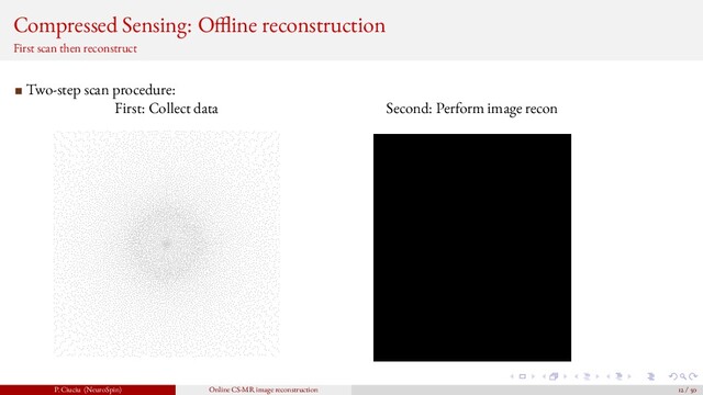 Compressed Sensing: O ine reconstruction
First scan then reconstruct
Two-step scan procedure:
First: Collect data Second: Perform image recon
P. Ciuciu (NeuroSpin) Online CS-MR image reconstruction 12 / 50
