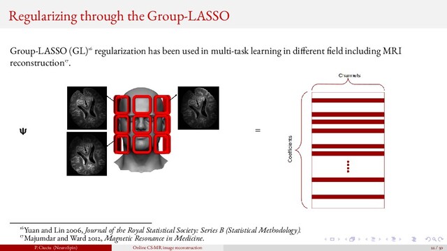 Regularizing through the Group-LASSO
Group-LASSO (GL)16 regularization has been used in multi-task learning in di ferent eld including MRI
reconstruction17.
Ψ =
16Yuan and Lin 2006, Journal of the Royal Statistical Society: Series B (Statistical Methodology).
17Majumdar and Ward 2012, Magnetic Resonance in Medicine.
P. Ciuciu (NeuroSpin) Online CS-MR image reconstruction 22 / 50
