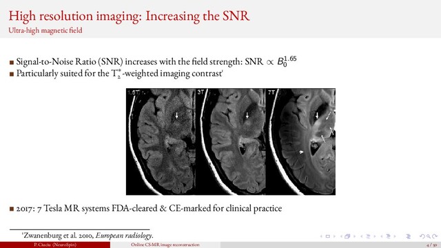 High resolution imaging: Increasing the SNR
Ultra-high magnetic eld
Signal-to-Noise Ratio (SNR) increases with the eld strength: SNR ∝ B1.65
0
Particularly suited for the T∗
2
-weighted imaging contrast1
2017: 7 Tesla MR systems FDA-cleared & CE-marked for clinical practice
1Zwanenburg et al. 2010, European radiology.
P. Ciuciu (NeuroSpin) Online CS-MR image reconstruction 4 / 50
