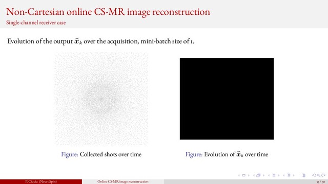 Non-Cartesian online CS-MR image reconstruction
Single-channel receiver case
Evolution of the output xk over the acquisition, mini-batch size of 1.
Figure: Collected shots over time Figure: Evolution of xk over time
P. Ciuciu (NeuroSpin) Online CS-MR image reconstruction 35 / 50
