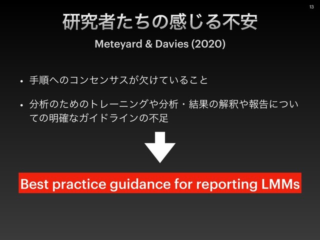 • खॱ΁ͷίϯηϯαε͕͚͍ܽͯΔ͜ͱ


• ෼ੳͷͨΊͷτϨʔχϯά΍෼ੳɾ݁Ռͷղऍ΍ใࠂʹ͍ͭ
ͯͷ໌֬ͳΨΠυϥΠϯͷෆ଍
ݚڀऀͨͪͷײ͡Δෆ҆
Meteyard & Davies (2020)
13
Best practice guidance for reporting LMMs
