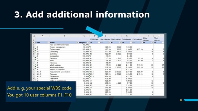 8
3. Add additional information
Add e. g. your special WBS code
You got 10 user columns F1..F10
