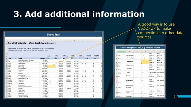 9
3. Add additional information
A good way is to use
VLOOKUP to make
connections to other data
sources
