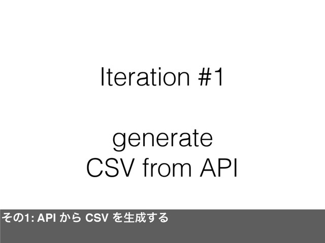 Iteration #1
generate
CSV from API
ͦͷ1: API ͔Β CSV Λੜ੒͢Δ

