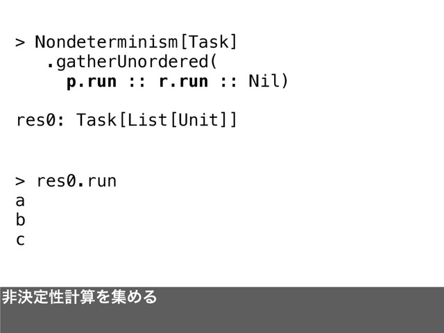 > Nondeterminism[Task]
.gatherUnordered(
p.run :: r.run :: Nil)
res0: Task[List[Unit]]
> res0.run
a
b
c
ඇܾఆੑܭࢉΛूΊΔ
