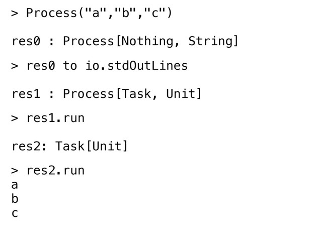 > res0 to io.stdOutLines
res1 : Process[Task, Unit]
> Process("a","b","c")
res0 : Process[Nothing, String]
> res1.run
res2: Task[Unit]
> res2.run
a
b
c
