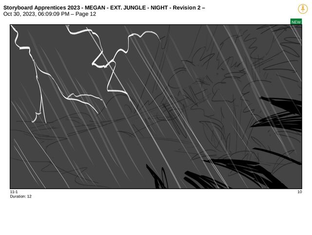 Storyboard Apprentices 2023 - MEGAN - EXT. JUNGLE - NIGHT - Revision 2 –
Oct 30, 2023, 06:09:09 PM – Page 12
NEW
11-1 10
Duration: 12
