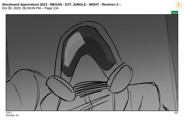 Storyboard Apprentices 2023 - MEGAN - EXT. JUNGLE - NIGHT - Revision 2 –
Oct 30, 2023, 06:09:09 PM – Page 134
NEW
133-1 132
Duration: 12
