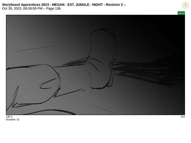 Storyboard Apprentices 2023 - MEGAN - EXT. JUNGLE - NIGHT - Revision 2 –
Oct 30, 2023, 06:09:09 PM – Page 136
NEW
135-1 134
Duration: 12
