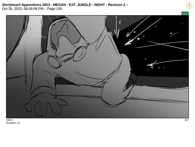 Storyboard Apprentices 2023 - MEGAN - EXT. JUNGLE - NIGHT - Revision 2 –
Oct 30, 2023, 06:09:09 PM – Page 159
NEW
158-1 157
Duration: 12
