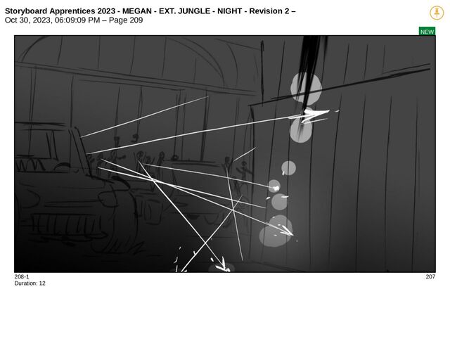 Storyboard Apprentices 2023 - MEGAN - EXT. JUNGLE - NIGHT - Revision 2 –
Oct 30, 2023, 06:09:09 PM – Page 209
NEW
208-1 207
Duration: 12
