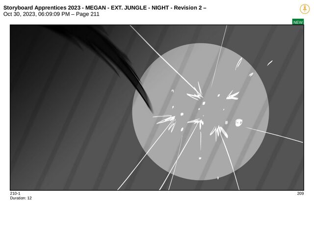 Storyboard Apprentices 2023 - MEGAN - EXT. JUNGLE - NIGHT - Revision 2 –
Oct 30, 2023, 06:09:09 PM – Page 211
NEW
210-1 209
Duration: 12
