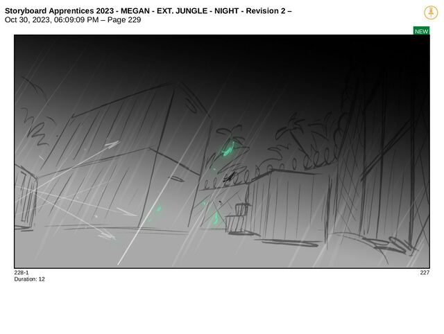 Storyboard Apprentices 2023 - MEGAN - EXT. JUNGLE - NIGHT - Revision 2 –
Oct 30, 2023, 06:09:09 PM – Page 229
NEW
228-1 227
Duration: 12
