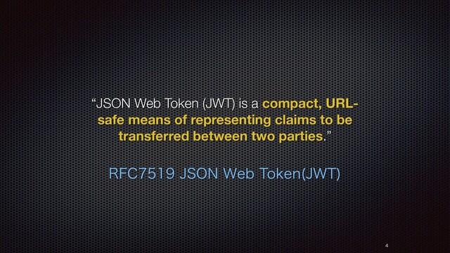 3'$+40/8FC5PLFO +85

“JSON Web Token (JWT) is a compact, URL-
safe means of representing claims to be
transferred between two parties.”



