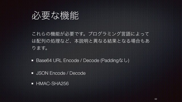 ඞཁͳػೳ
͜ΕΒͷػೳ͕ඞཁͰ͢ɻϓϩάϥϛϯάݴޠʹΑͬͯ
͸഑ྻͷॲཧͳͲɺຊઆ໌ͱҟͳΔ݁ՌͱͳΔ৔߹΋͋
Γ·͢ɻ
Base64 URL Encode / Decode (Paddingͳ͠)
JSON Encode / Decode
HMAC-SHA256


