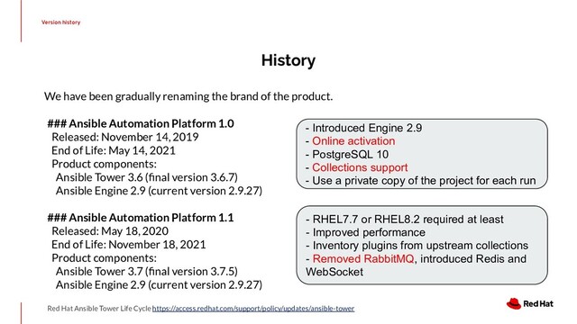 History
Version history
Red Hat Ansible Tower Life Cycle https://access.redhat.com/support/policy/updates/ansible-tower
### Ansible Automation Platform 1.0
Released: November 14, 2019
End of Life: May 14, 2021
Product components:
Ansible Tower 3.6 (ﬁnal version 3.6.7)
Ansible Engine 2.9 (current version 2.9.27)
### Ansible Automation Platform 1.1
Released: May 18, 2020
End of Life: November 18, 2021
Product components:
Ansible Tower 3.7 (ﬁnal version 3.7.5)
Ansible Engine 2.9 (current version 2.9.27)
- Introduced Engine 2.9
- Online activation
- PostgreSQL 10
- Collections support
- Use a private copy of the project for each run
- RHEL7.7 or RHEL8.2 required at least
- Improved performance
- Inventory plugins from upstream collections
- Removed RabbitMQ, introduced Redis and
WebSocket
We have been gradually renaming the brand of the product.
