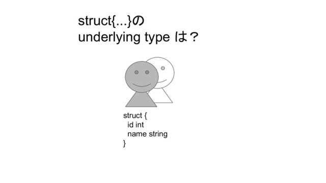 struct{...}の
underlying type は？
struct {
id int
name string
}
