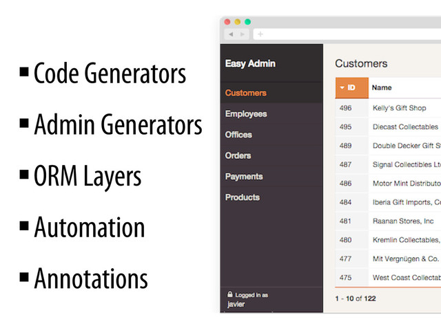 § Code Generators
§ Admin Generators
§ ORM Layers
§ Automation
§ Annotations
