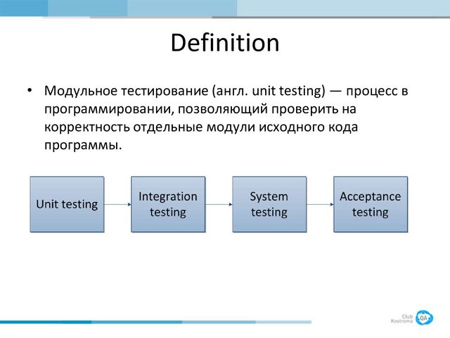 Definition
• Модульное тестирование (англ. unit testing) — процесс в
программировании, позволяющий проверить на
корректность отдельные модули исходного кода
программы.
