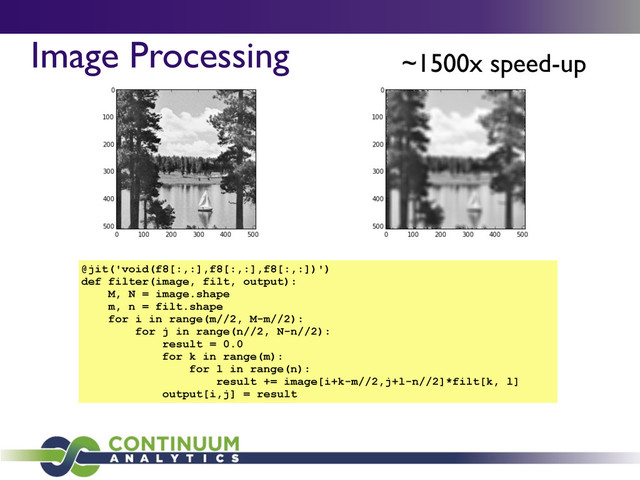Image Processing
@jit('void(f8[:,:],f8[:,:],f8[:,:])')
def filter(image, filt, output):
M, N = image.shape
m, n = filt.shape
for i in range(m//2, M-m//2):
for j in range(n//2, N-n//2):
result = 0.0
for k in range(m):
for l in range(n):
result += image[i+k-m//2,j+l-n//2]*filt[k, l]
output[i,j] = result
~1500x speed-up
