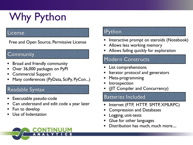 Why Python
License
Community
Readable Syntax
Modern Constructs
Batteries Included
Free and Open Source, Permissive License
• Broad and friendly community
• Over 36,000 packages on PyPI
• Commercial Support
• Many conferences (PyData, SciPy, PyCon...)
• Executable pseudo-code
• Can understand and edit code a year later
• Fun to develop
• Use of Indentation
IPython
• Interactive prompt on steroids (Notebook)
• Allows less working memory
• Allows failing quickly for exploration
• List comprehensions
• Iterator protocol and generators
• Meta-programming
• Introspection
• (JIT Compiler and Concurrency)
• Internet (FTP, HTTP, SMTP, XMLRPC)
• Compression and Databases
• Logging, unit-tests
• Glue for other languages
• Distribution has much, much more....
