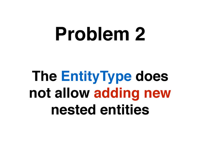 The EntityType does
not allow adding new
nested entities
Problem 2
