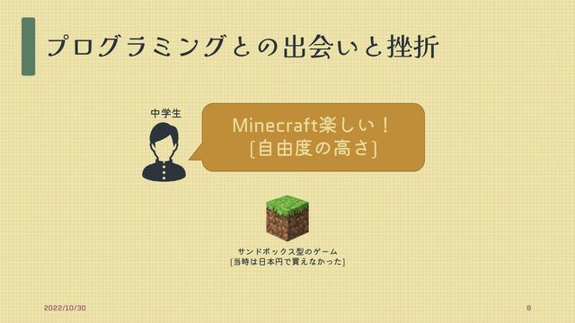 プログラミングとの出会いと挫折
2022/10/30 8
中学生
Minecraft楽しい！
(自由度の高さ)
サンドボックス型のゲーム
(当時は日本円で買えなかった]
