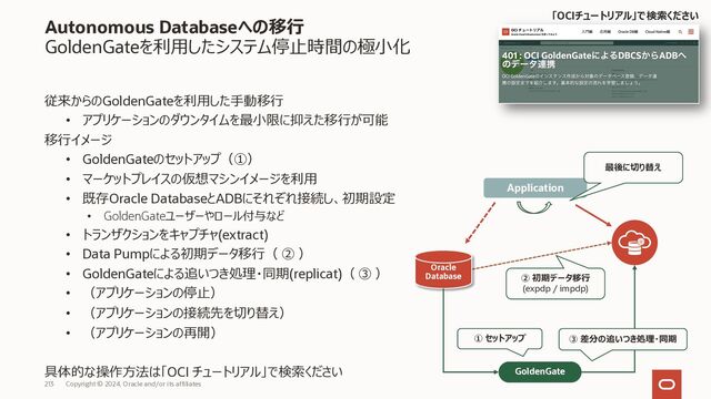 213 Copyright © 2023, Oracle and/or its affiliates
Autonomous Databaseへの移⾏
Data Pump
従来からのData Pumpを利⽤した⼿動移⾏も可能
NFS共有を使⽤する場合の移⾏イメージ
• （アプリケーションの停⽌）
• 既存DBサーバにNFS共有をマウント
• 既存DBにディレクトリ・オブジェクトを作成
• データをダンプファイルにエクスポート（①）
• ADBにNFS共有をアタッチ
• ADBにインポート（②）
• （アプリケーションの接続先を切り替え）
• （アプリケーションの再開）
具体的な操作⽅法はこちらの記事をご確認ください
ダンプ
ファイル
Oracle
Database
②インポート
(impdp)
NFS共有
①エクスポート
(expdp)
https://qiita.com/500InternalServerError/items/387a539ae6f9345b66d3
