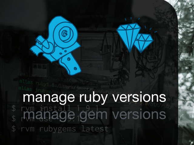 manage ruby versions 
manage gem versions
$ rvm install 1.9.1
$ rvm use 1.9.1
$ rvm rubygems latest
