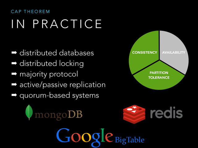 CONSISTENCY AVAILABILITY
PARTITION
TOLERANCE
➡ distributed databases
➡ distributed locking
➡ majority protocol
➡ active/passive replication
➡ quorum-based systems
BigTable
C A P T H E O R E M
I N P R A C T I C E
