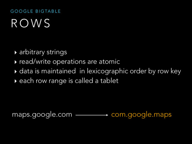 R O W S
G O O G L E B I G TA B L E
‣ arbitrary strings
‣ read/write operations are atomic
‣ data is maintained in lexicographic order by row key
‣ each row range is called a tablet
maps.google.com com.google.maps
