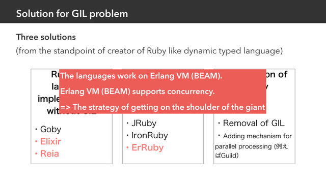 Solution for GIL problem
Three solutions
(from the standpoint of creator of Ruby like dynamic typed language)
3VCZMJLF
MBOHVBHF
JNQMFNFOUBUJPO
XJUIPVU(*-
ɾ(PCZ
ɾ&MJYJS
ɾ3FJB
3VCZMBOHVBHF
JNQMFNFOUBUJPO
XJUIPVU(*-
ɾ+3VCZ
ɾ*SPO3VCZ
ɾ&S3VCZ
.PEJpDBUJPOPG
D3VCZ
ɾ3FNPWBMPG(*-
ɾ"EEJOHNFDIBOJTNGPS
QBSBMMFMQSPDFTTJOH ྫ͑
͹(VJMEʣ
The languages work on Erlang VM (BEAM).
Erlang VM (BEAM) supports concurrency.
=> The strategy of getting on the shoulder of the giant
